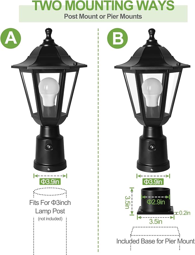 FUDESY Dusk to Dawn Sensor Outdoor Post Light, Waterproof Pole Lantern with Pier Mount Base, Exterior Plastic Lamp Light Fixture, for Garden, Patio, Pathway, Black, Bulb Included