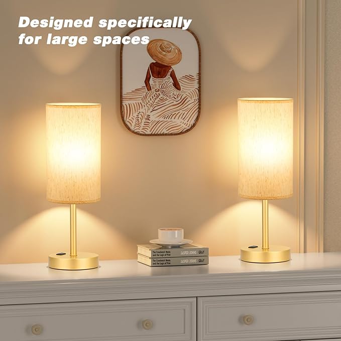 Fenmzee Touch Table Lamp - Cream, 3-Way Dimmable, USB A + C Charging, AC Outlet, 17.4inch Medium, Gold Metal Base