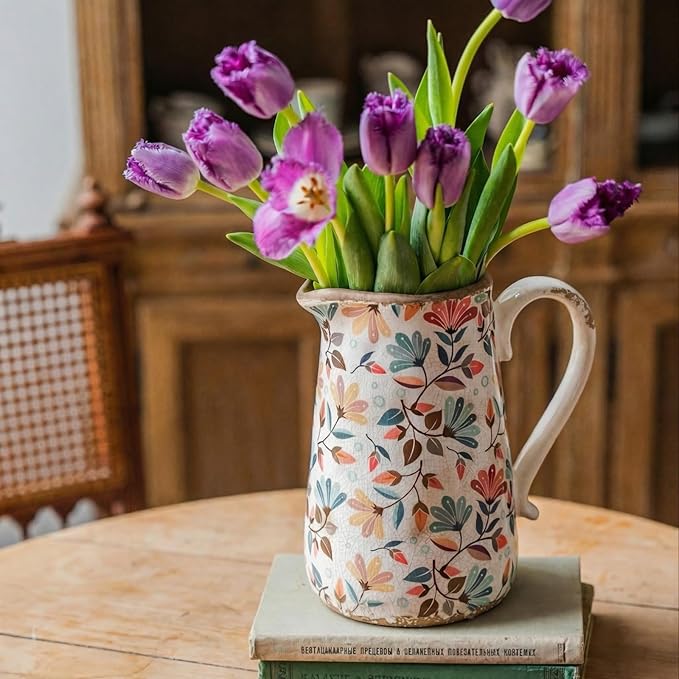 Vintage Colorful Flower Ceramic Vase with Handle, Retro Ice Glazed Crack Farmhouse Pitcher Vase for Home Decor, Living Room, Shelf, Office, Rustic Table Centerpiece 9 Inch