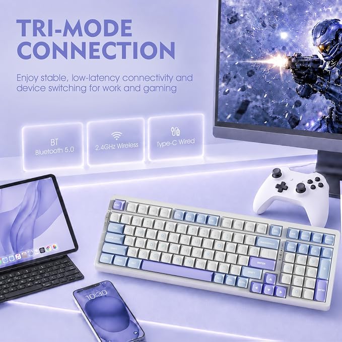 VGN V98ProV3 Gaming Keyboard, Tri-Mode Wireless Custom Mechanical Keyboard | Hot Swappable Gasket Keyboard , Bluetooth 2.4G USB-C, RGB Backlit Computer Keyboards for PC Mac, Pre-lubed Cow Switch, Purple