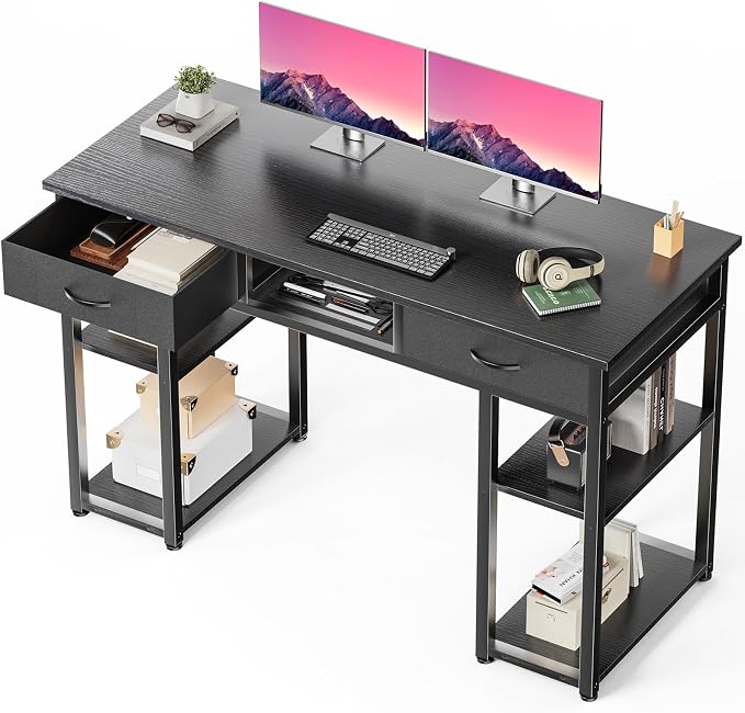 DUMOS 48-Inch Computer Desk with Drawers, Hook and Side Bag, Black | Home Office Desk for Bedroom, Gaming Writing Study Desk with Adjustable Feet