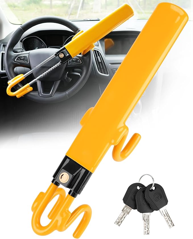Tevlaphee Steering Wheel Lock - Heavy Duty Antitheft Device and Car Security Lock with Adjustable Locking and 3 Keys - Great Vehicle and Truck Deterrent (Yellow)