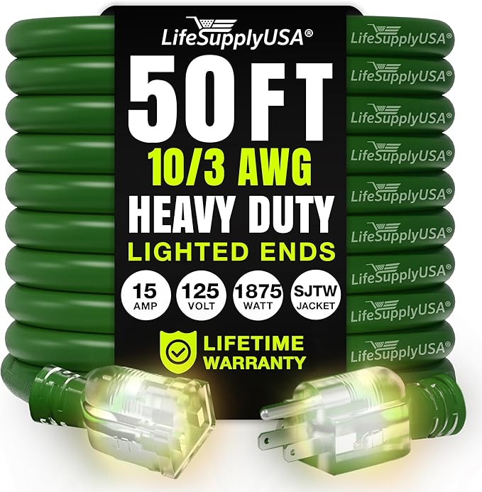 50ft Outdoor/Indoor Extension Cord 10/3 Gauge Ultra Heavy Duty 3 Prong SJTW, Waterproof, Flexible Cold-Resistant Long Power Cord,15A 125V 1875W, Green by LifeSupplyUSA