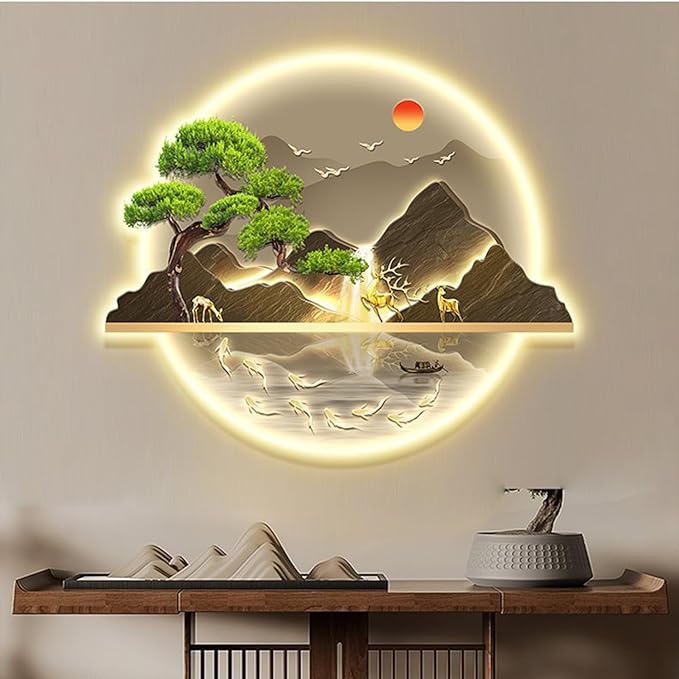 Bubinblau A,50 * 60cm, Mountain Tree Wall Art with Led Light, Zen Wall Art Decor, Luminous Wall Sculptures Painting, for Study Room, Dining Room, Living Room, Tea Room