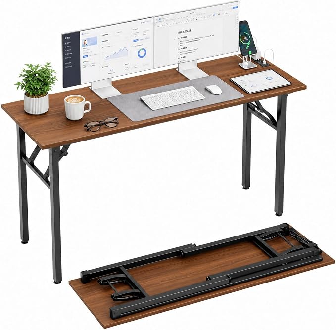 Folding Table Computer Desk - 55.1" No Assembly Folding Desk with Power Outlets & USB Charging Port, Small Desk, Foldable Office Desk, Compact Storage Portable Use for Small Space, Dark Walnut