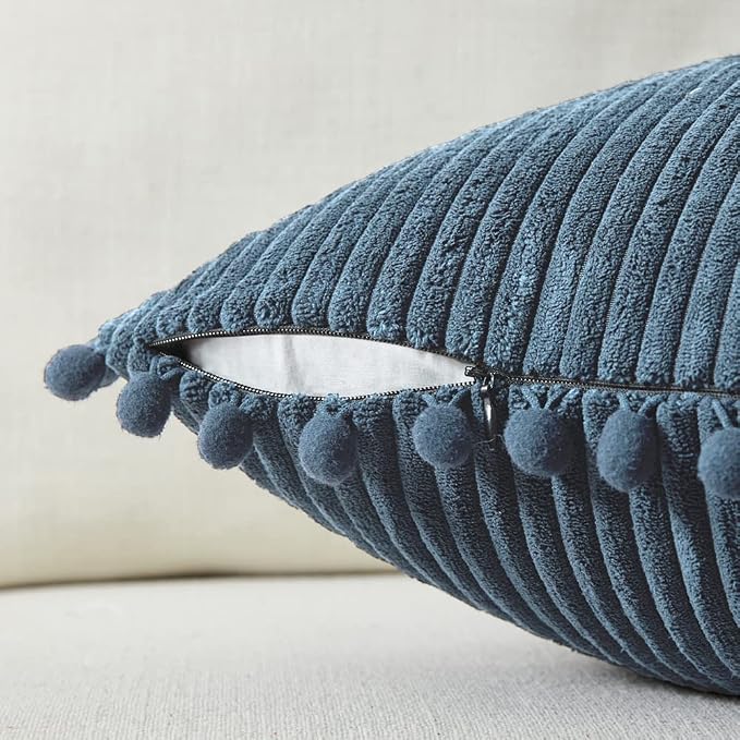 Fancy Homi 2 Pack Dusty Blue Lumbar Decorative Throw Pillow Covers 14x24 Inch with Pom-poms for Couch Bedroom Sofa, Farmhouse Boho Home Decor, Soft Corduroy Solid Rectangle Cushion Case 35x60 cm
