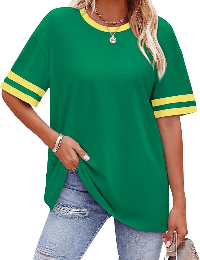 WIHOLL Womens T Shirts Loose Fit Short Sleeve Tees Crew Neck Color Block Summer Tops 2026 Fashion