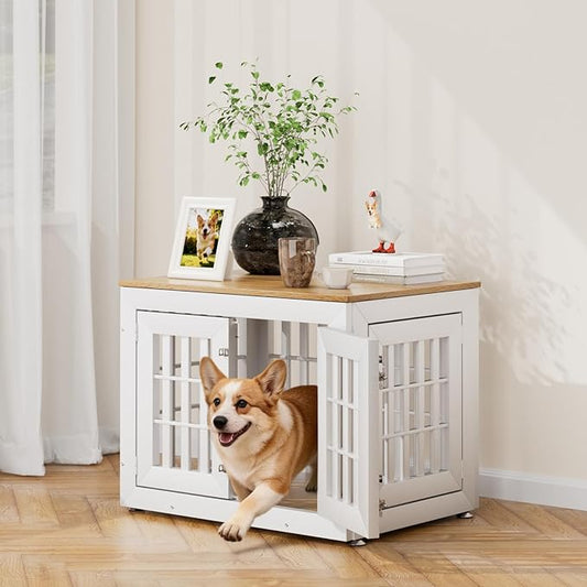 32" Heavy Duty Dog Crate Furniture for Small,Medium and Large Dogs,Rustic Wooden Dog Cage Kennel Indoor Furniture with Waterproof Top,Decorative Pet House Side End Table (White & Wood)