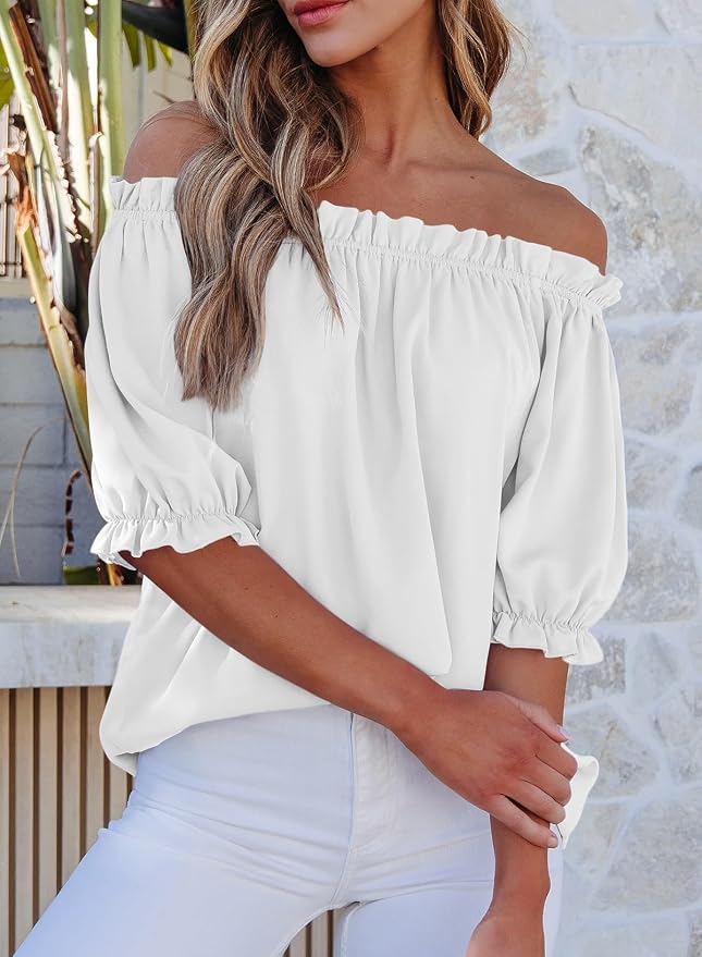 EVALESS Womens Tops Off The Shoulder Blouses for Women Dressy Casual Cute Puff Sleeve T Shirts Fashion 2026