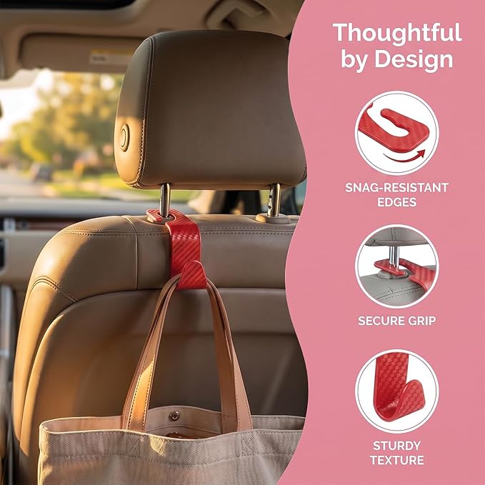 4PCS Car Seat Headrest Hooks, Auto Back Seat Hanger Holder, Durable Stylish Vehicle Organizer Universal Car Interior Accessories, Storage Hooks for Purses, Bags, Clothes (Carbon Fiber/Red)