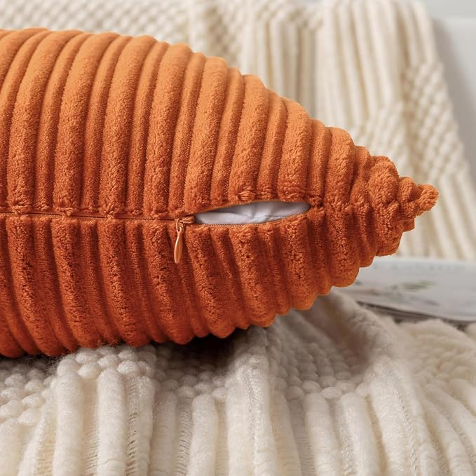 UGASA Fall 14x36 Inch Pillow Cover Pack of 1 Soft Boho Stripe Corduroy Large Long Rectangle Lumbar Cushion Case Farmhouse Decorative Throw Pilowcase for Bed, Couch, Sofa, Bedroom, Dark Orange