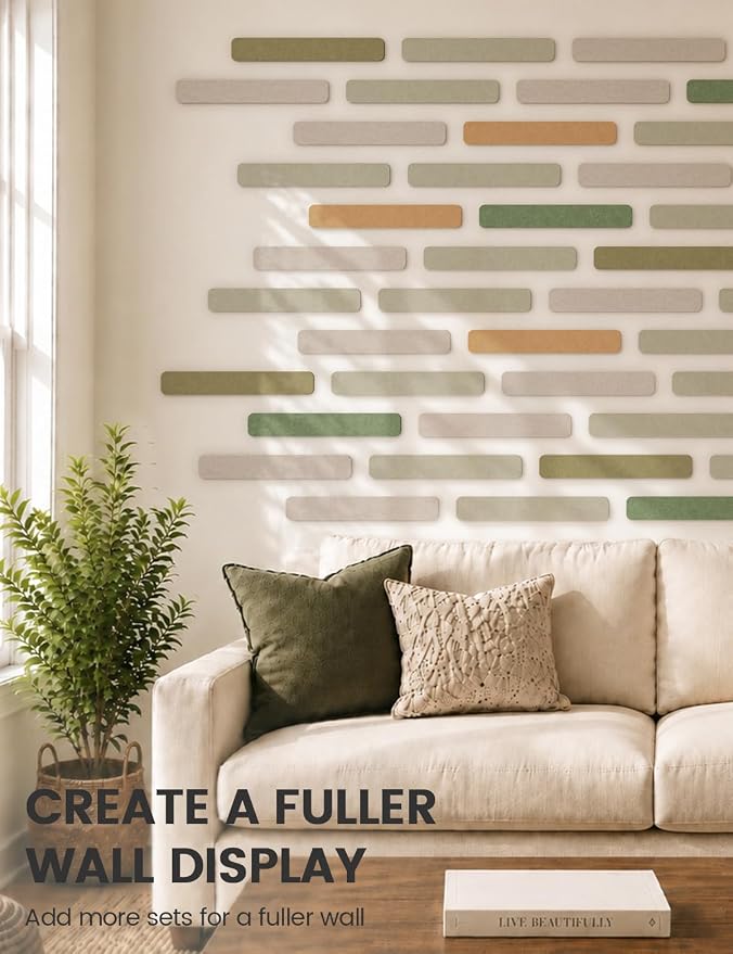 Fluxynara 13" x 2" Felt Wall Panels, Olive Grove | 8-Pack Includes 50 Push Pins and Adhesive Tabs for Photos, Notes and Decor in Bedroom Doors, Home Office or Studios