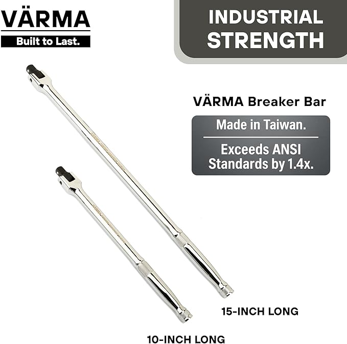 3/8-Inch Drive Breaker Bar, 15-Inch – Heavy Duty CR-MO Head & 15mm Thick Shaft – Dual-Knurled Non-Slip Grip, Constant Tension Flex Head, Premium Mirror Chrome Finish
