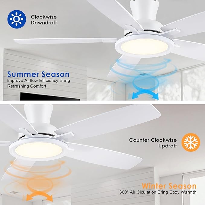 52In Flush Mount Ceiling Fans with Lights - White Low ProfileCeiling Fan with Remote/APP, Reversible, 3CCT Dimmable, Modern Fan Light for Indoor Living Room, Outdoor Covered Patios