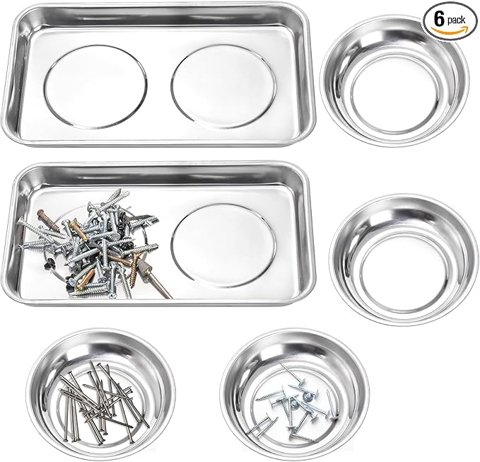 Okllen 6 Pcs Magnetic Parts Tray Set, Stainless Steel Heavy Duty 9.5"W x 5.5''L Square and 4 1/4" Round Extra Strong Magnetic Tool Trays Holder for Socket Screw Nuts Bolts Metal Parts