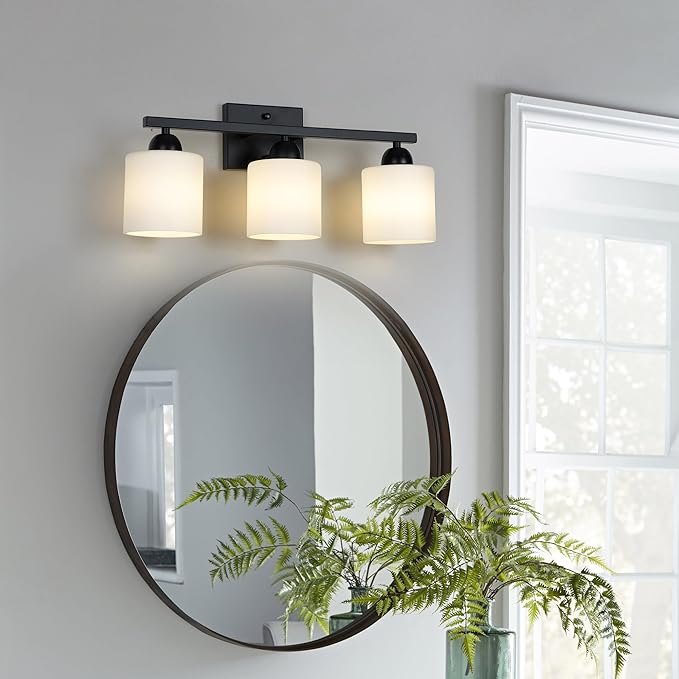 Milk Glass Vanity Lights for Bathroom, 3 Light Matte Black Bathroom Light Fixtures Over Mirror, Ceramic E26 Sockets Wall Mounted