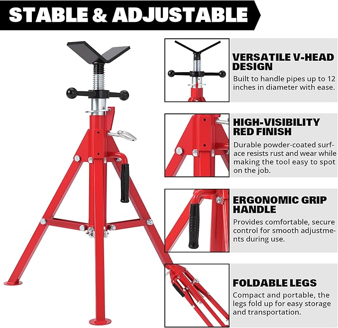 Heavy-Duty Pipe Jack Stand V-Head Bracket Load Capacity 2500 LBS Suitable for 1/8“ to 12” Pipes 28“ to 52” Adjustable Height Folding Legs for Welding Threading Hole Cutting