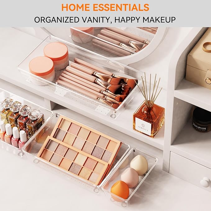 Criusia 8 Pack Drawer Organizer for Kitchen Gadgets, Large Clear Plastic Drawer Divider for Kitchen Accessories, Bathroom Organizers and Storage, Home Essentials for Makeup and Vanity Accessories