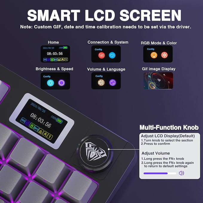 AULA S98 Pro Wireless Mechanical Keyboard with Screen & Knob,2.4GHz/USB-C/BT5.0 Hot Swappable Creamy Keyboard,Pre-lubed Linear Switches,Side Printed PBT Keycaps,RGB Backlit Gaming Keyboards