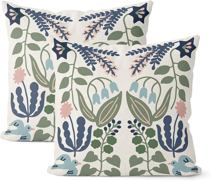 Boho Navy Blue Green Flower Pillow Covers 16x16 Inch Set of 2 Sage Green Floral Throw Pillows Vintage Flower Outdoor Pillowcase Linen Seasonal Decorations Farmhouse Cushion Case for Sofa Home