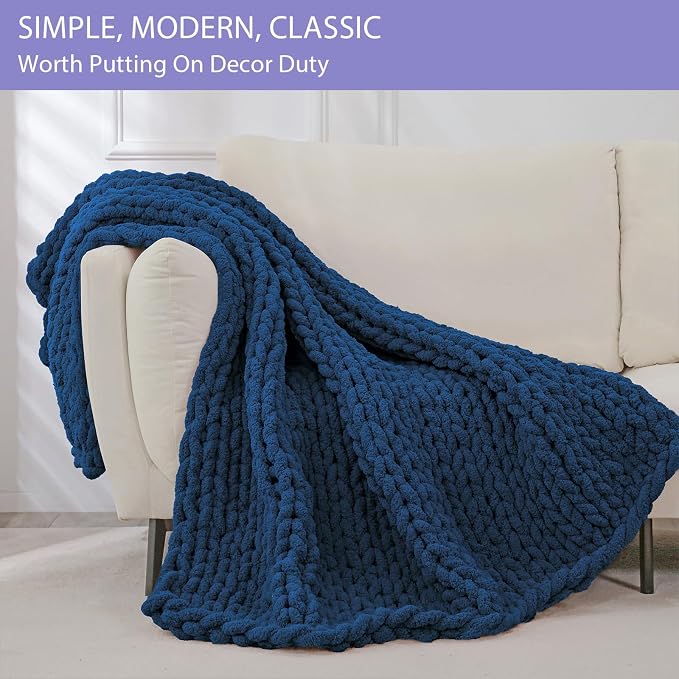 Bigacogo Chunky Knit Throw Blanket for Couch, 40x40 inches, Navy Blue | Hand Knit with Jumbo Chenille, Soft Breathable Cable Knit for Sofa Bed Living Room, Machine Washable, Gift for Mom Friend