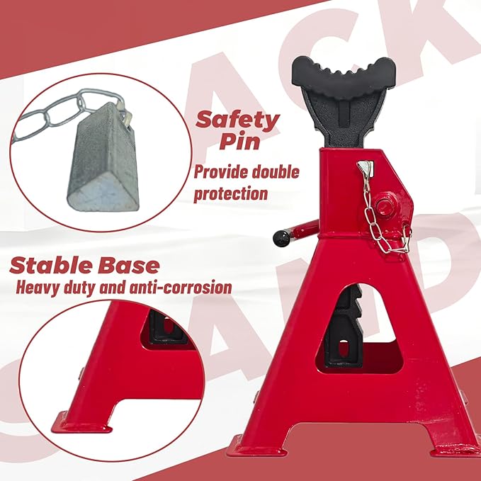 HENBOW Jack Stands，3 Ton Jack Stands with Solid Wheel Chocks，6600lbs Capacity,11"-16.33" Adjustable Car Lift Stands with Double Pin Locking,Black,1 Pair，Red