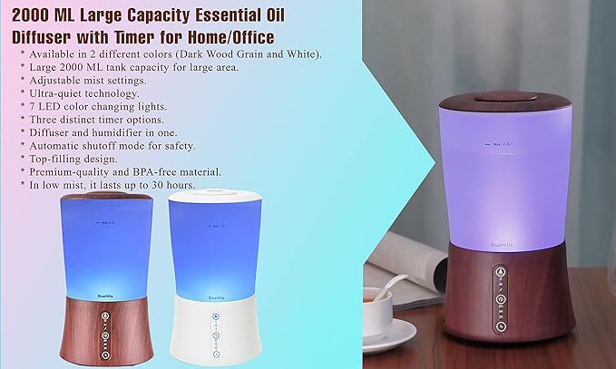 BlueHills Premium Set of Two Large 2000 ML XL and 1000 ML Round Essential Oil Diffusers Humidifier Combo for Large Room Home with Décor LED Lights Great Gift – Value Pack of White