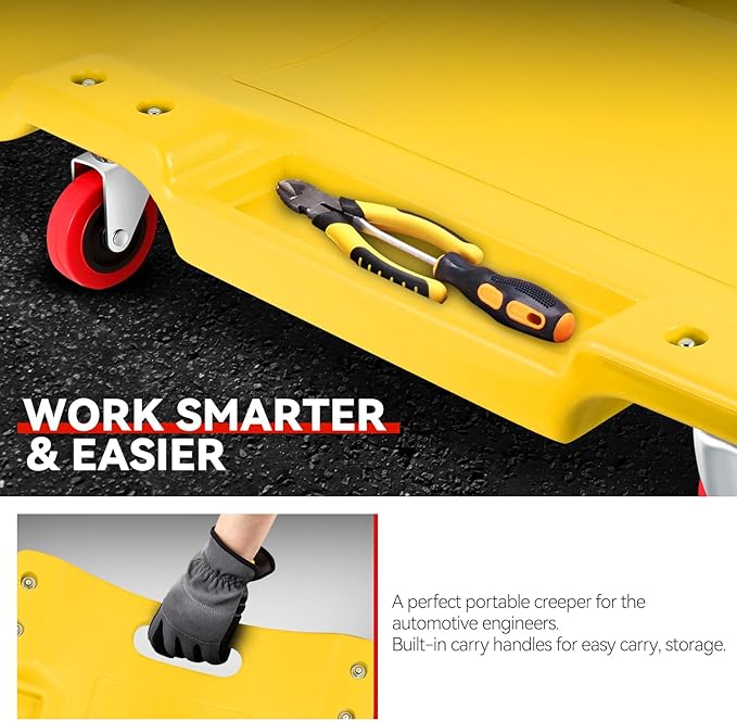 Auto Dynasty 36 Inches Mechanic Creeper, Automotive Garage Repair Low Profile Under Car Rolling Creeper with Padded Headrest, Plastic, Yellow
