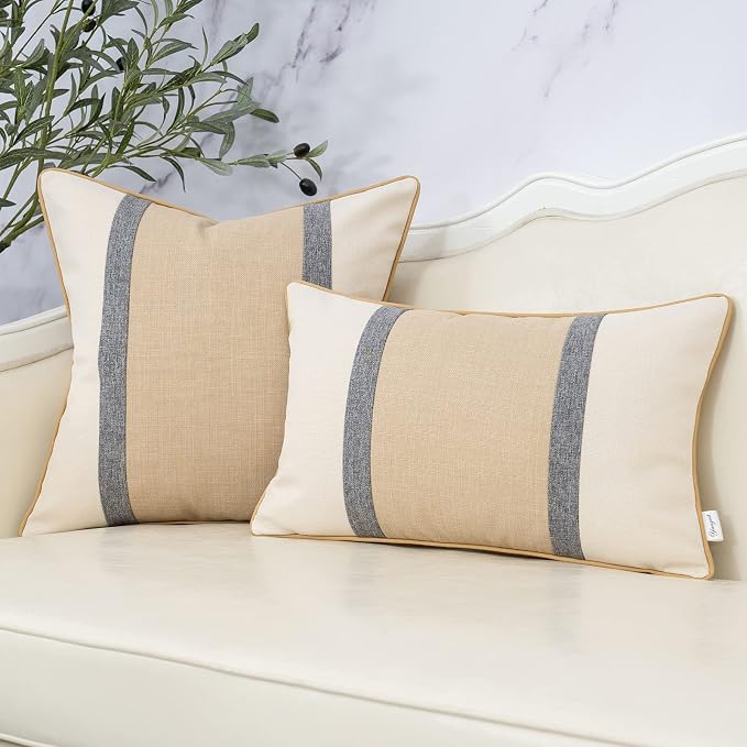 Patchwork Pillow Cover 12x20 Inch Luxury Cotton and Linen Cushion Cover Rectangle Pillowcover for Couch Bedroom Living Room,Khaki