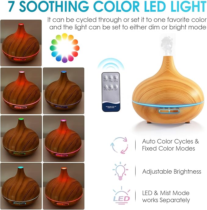 Rechargeable Diffuser for Essential Oils Large Room, 450ml Battery Operated Essential Oil Diffuser with Remote Control, Aromatherapy Oil Diffuser with Timer, 7 Colors Light humidifiers for Home&Office