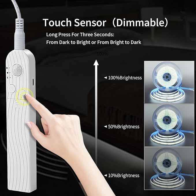 5V Motion Sensor COB LED Strip Lights,Time-Delay and Brightness Adjustable,Two Power Supply Options: Batteries(Not Included) or USB,9.84FT/3M,Warm White 3000K,320LEDs/M,for Kitchen Cabinet
