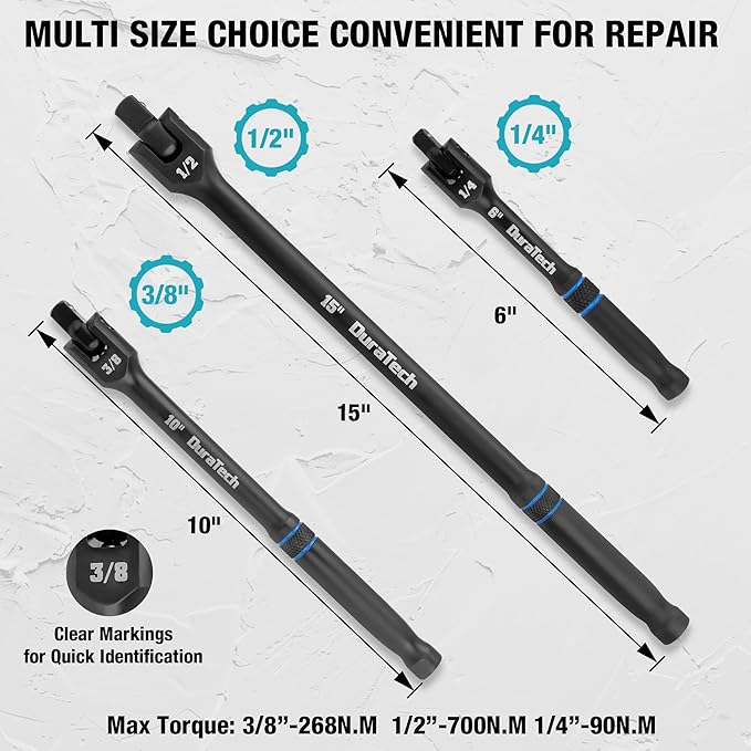 DURATECH 3PCS Breaker Bar Set, 1/4", 3/8", 1/2" Drive, 180°Rotatable Head, 6", 10”, 15" Length, Premium Chrome Alloy Made, Black