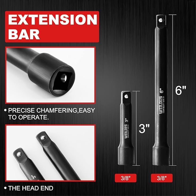 WIILDIS 3/8" Drive Impact Socket Set, 50 Piece Socket Set SAE 5/16" to 3/4" and Metric 6 to 22mm, Includes Extension Bars, Universal Joint and Adapter, 6 Point, Cr-V Steel, Double Lock Storage Case
