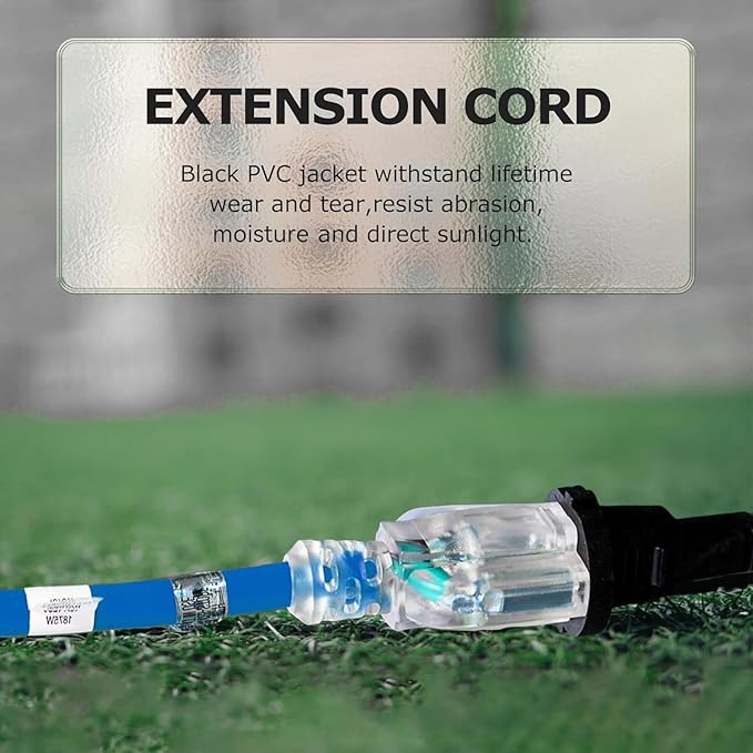 YOJOE Indoor Outdoor Extension Cord with Lighted End, 3 Prong 15A Weatherproof Power Cord, 12 Gauge Heavy Duty 30 ft Blue Extension Cord for Garage, Garden and Home, 12/3 SJTW UL Listed