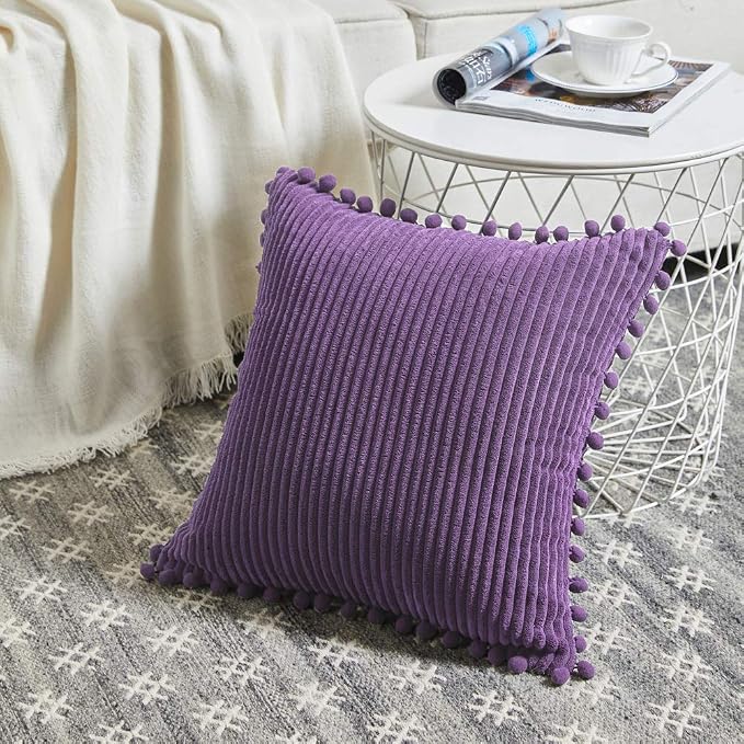 Fancy Homi 24x24 Pillow Covers, Pack of 2 Purple Throw Pillow Covers with Pom-poms, Super Soft Corduroy Square Solid Cushion Cover for Couch Sofa Bedroom Living Room 60x60 cm