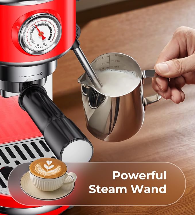 atatix 20 Bar Espresso Machine with Milk Frother, Compact Espresso Maker | Stainless Steel Coffee Machine with Precise Temp Control & 44oz Removable Water Tank for Latte, Cappuccino, Red