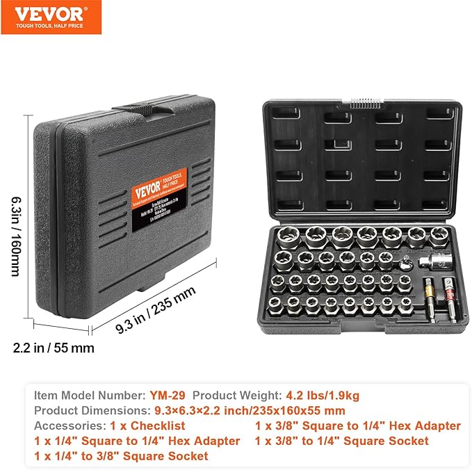 VEVOR Bolt Extractor Set, 33 Pieces Bolt and Nut Remover Set, 6mm to 10mm, 13/32" to 3/4", CR-MO Steel Extraction Socket Set with Storage Case, for Removing Damaged Rusted Bolts, Nuts and Screws