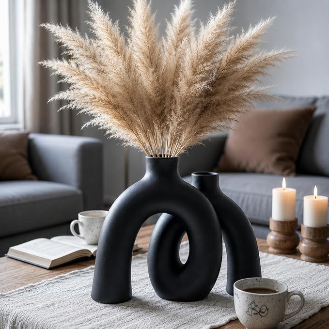 Jas & Jax Matte Black Ceramic Hug Donut Vase Set – Nordic Boho Home Decor, Pampas Grass & Dried Flowers Centerpiece for Living Room, Console Table, Bookshelf or Mantel