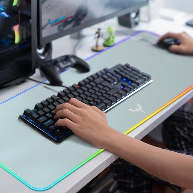 BladeHawks RGB Gaming Mouse Pad Extra Large Extended 31.5x12 Inch-Grey | LED mouse pad with 14 lighting modes, covers keyboard & mouse, anti-slip rubber base, waterproof surface, USB powered