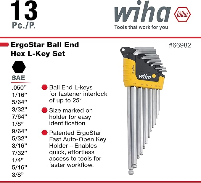 Wiha 66988 ErgoStar Ball End Hex L-Key Set, 13 Piece, Inch, Patented Auto-Open Holder, Chrome-V-Moly Steel