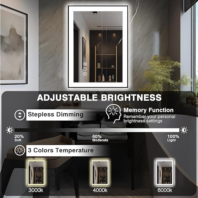 24x32 LED Bathroom Mirrors for Wall -Black Aluminum Framed (Front and Backlit), Anti-Fog Vanity Mirror With Lights,Stepless Dimmable Lighted Mirror,3 Colors Smart Mirror(Horizontal/Vertical)