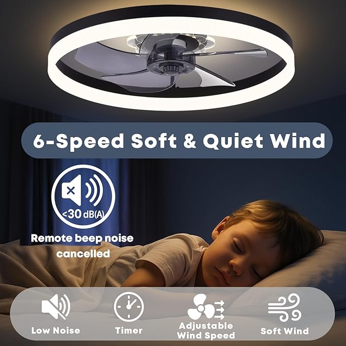 20'' Ceiling Fan with Light, Upgraded Low Profile Fan, Flush Mount Ceiling Fan, 6 Speeds, Dimmable LED, App & Remote Control, Quiet DC Motor, for Bedroom, Living Room, F115 Black