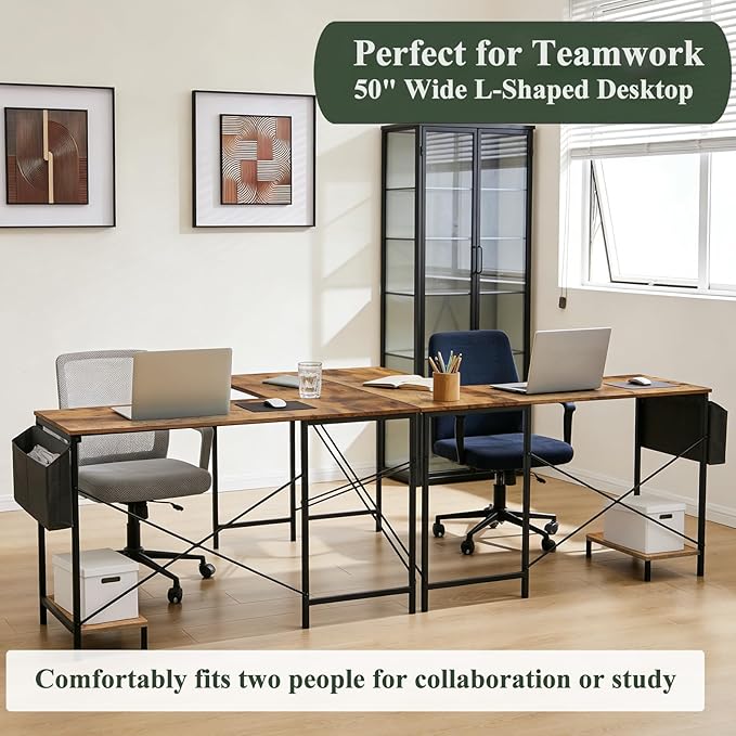 L Shaped Desk Computer Desk, 50inch Brown Gaming Desk with CPU Stand | Reversible Corner Desk, Storage Bag, Sturdy Metal Frame, Student Study Writing Table for Home Office