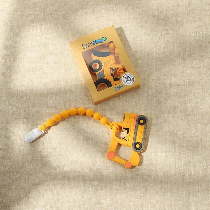 Baby Food Grade Silicone Carrier Vehicle Teether Toy with Pacifier Clip Holder,Teething Toys Gift Set for 3 Months+ Boys and Girls,Freezer Safe,BPA Free. (Excavator)