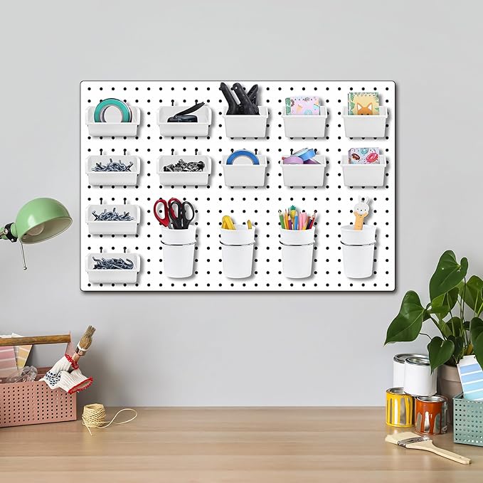 Sieral 64 Pieces Pegboard Bins Pegboard Cups with Hooks and Loops Peg Hooks Assortment Organizer Accessory for Organizing Accessories Tools Storage Office Workshop Garage Workbench (White)