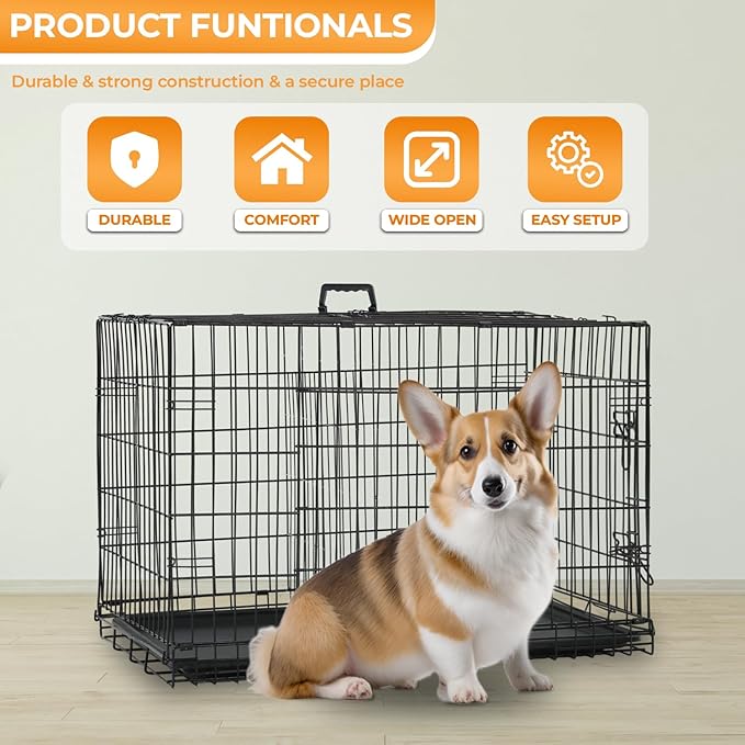 PayLessHere Small Dog Crate Kennel 24 inches Metal Dog Cage Double-Door Folding Travel Indoor Outdoor Puppy Playpen with Divider and Handle Plastic Tray,Black