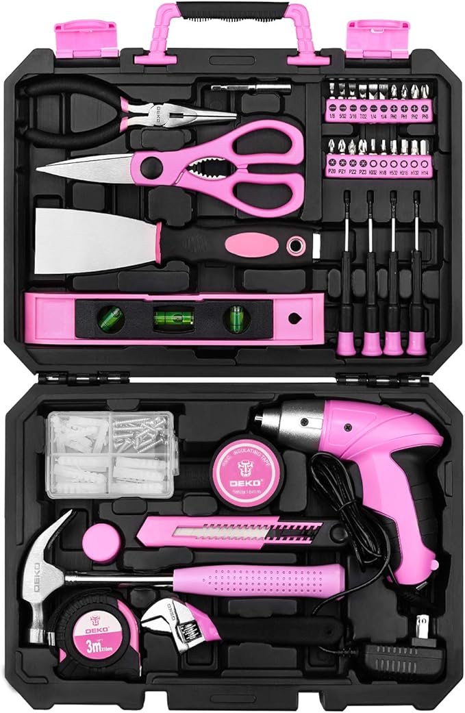 DEKOPRO Pink 98 Piece Tool Set,General Household Hand Tool Kit with Plastic Toolbox Storage Case