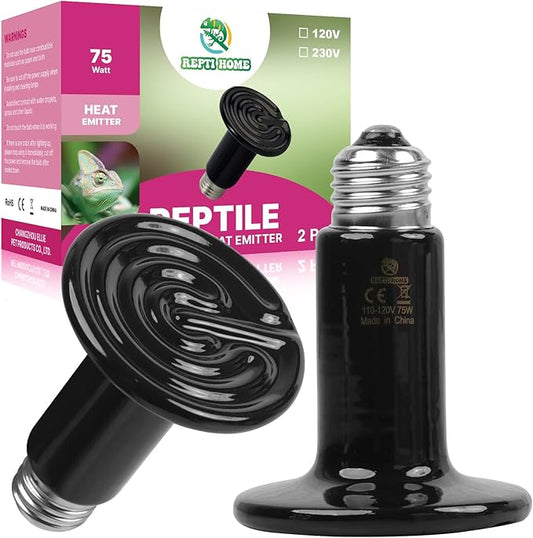 75W Ceramic Heat Emitter (2 Pack), Reptile Heat Lamp Bulbs, Ceramic Heater for Amphibian, Pet Brooder Coop, Chicken, Dog