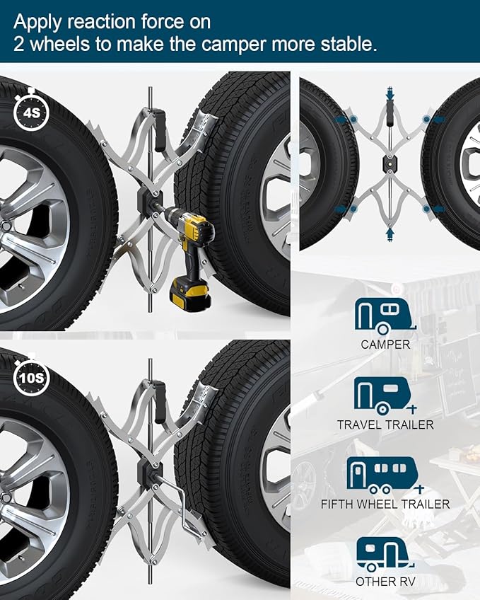 X Chocks XL [Extended Allow Drill Adjust], A Pair 4'' to 17'' Wheel Stabilizer for Travel Trailers, RV Tire Stabilizers Locked Chocks for Campers Travel Trailers Trucks, Wheel Scissor with Wrench