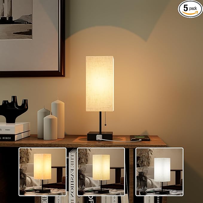 Table Lamp for Bedroom,Nightstand Lamp for Bedside with AC Outlets,Adjustable 3color LED Light Desk Lamp for Home Decor,Included Bulb and Lamp Shade (Linen White-onlyAC, 1PCS)
